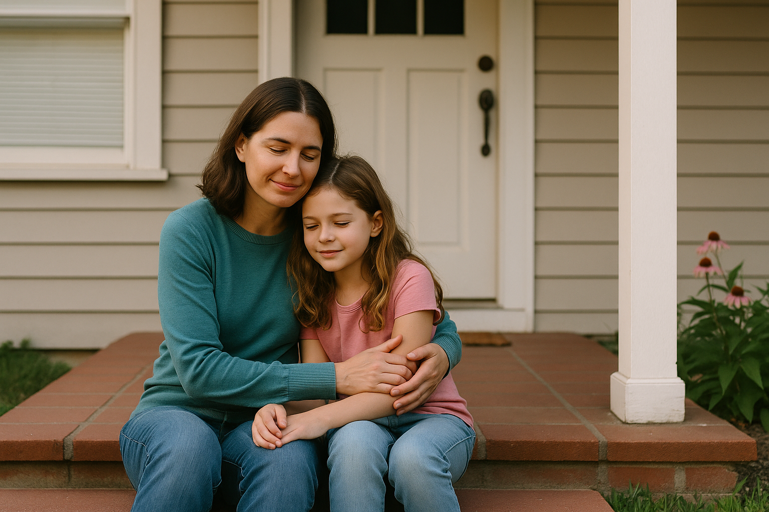 A parent and child sitting together on the front steps of their suburban home, sharing a quiet moment of comfort and stability  symbolizing Marylands new law helping divorcing homeowners keep their homes.