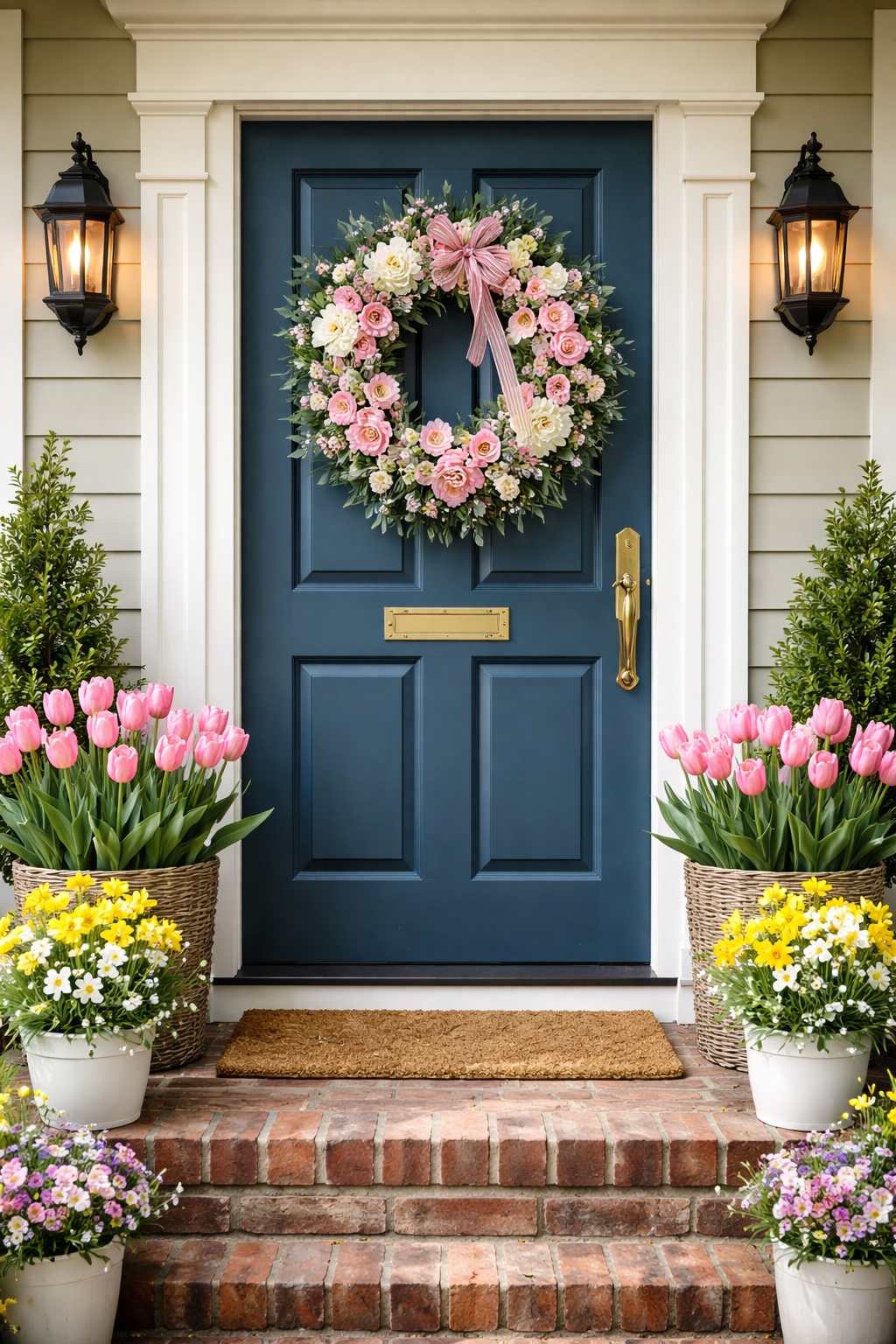 Decorated front door with spring wreath and tulips